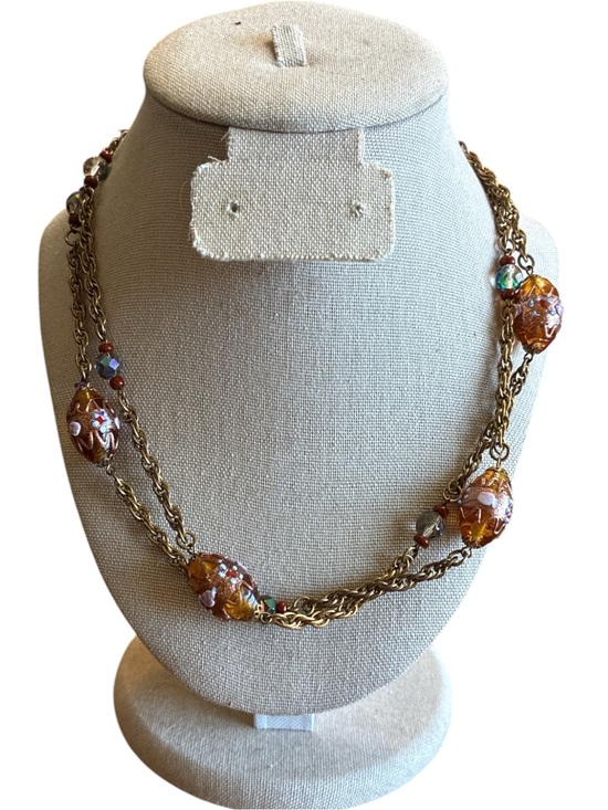 Vintage Jewelry - Gold-Tone Necklace with Amber Wedding Cake Glass Beads
